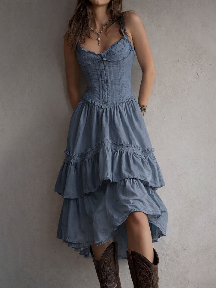 Abito Midi Tiered Boho Retro con Pizzo