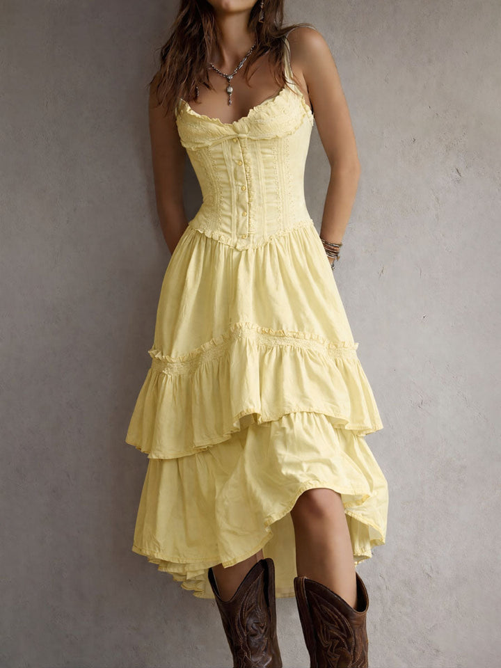 Abito Midi Tiered Boho Retro con Pizzo