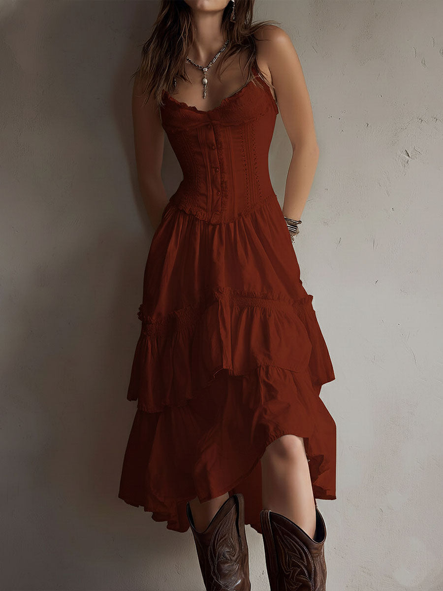 Abito Midi Tiered Boho Retro con Pizzo
