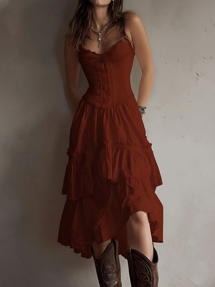 Abito Midi Tiered Boho Retro con Pizzo