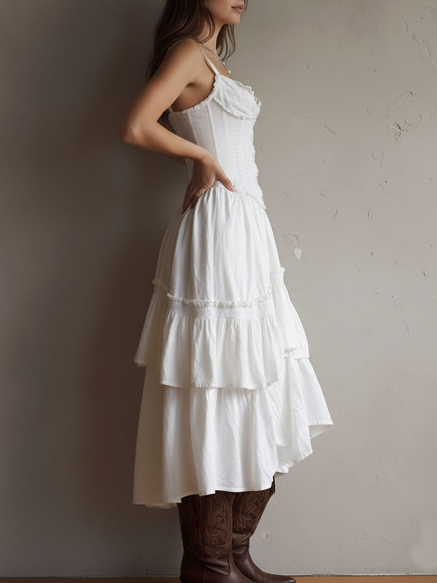 Abito Midi Tiered Boho Retro con Pizzo