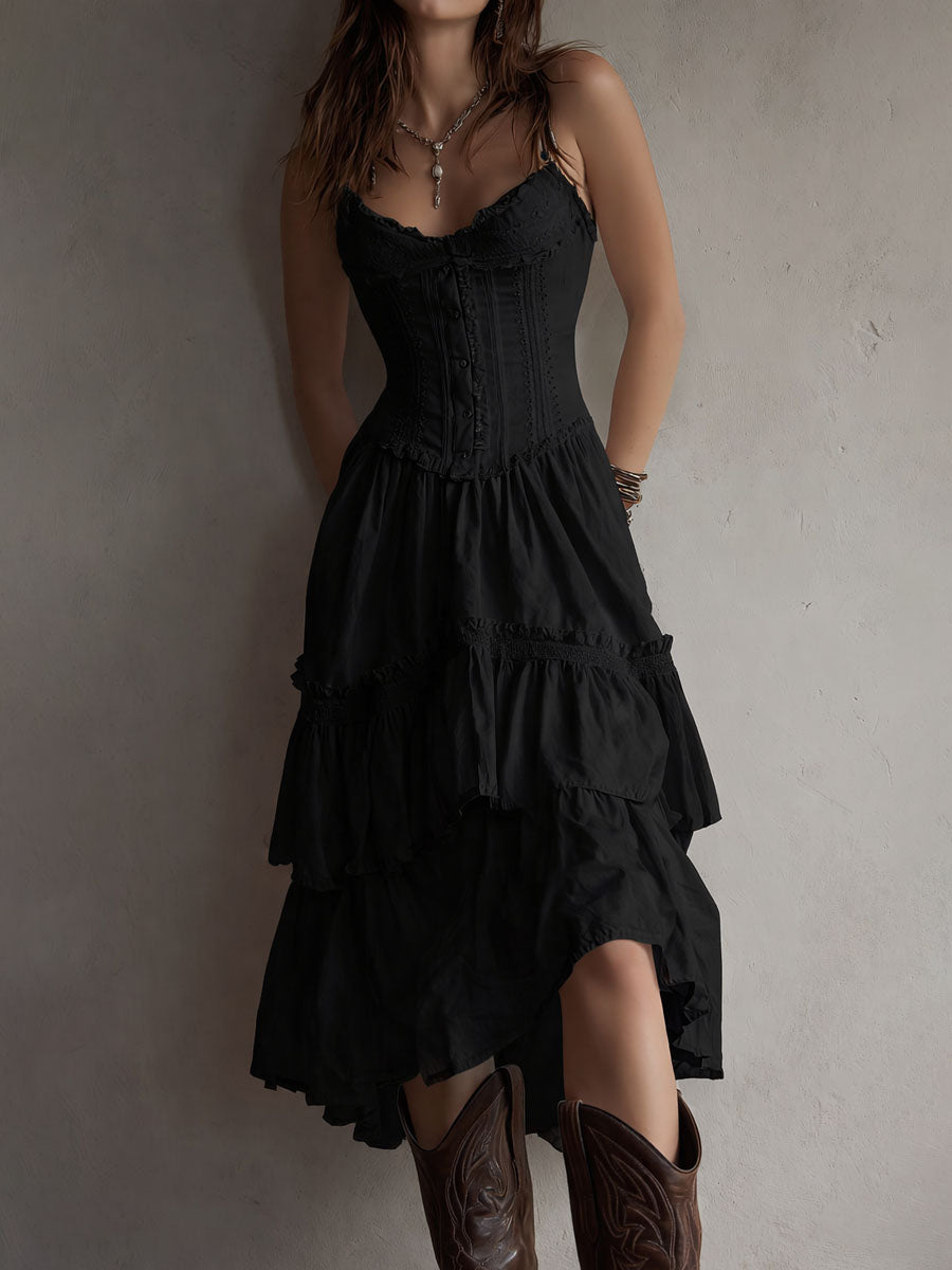 Abito Midi Tiered Boho Retro con Pizzo