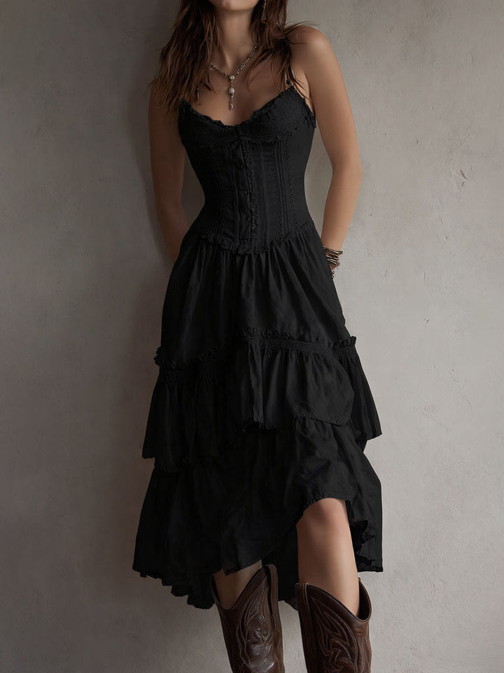 Abito Midi Tiered Boho Retro con Pizzo