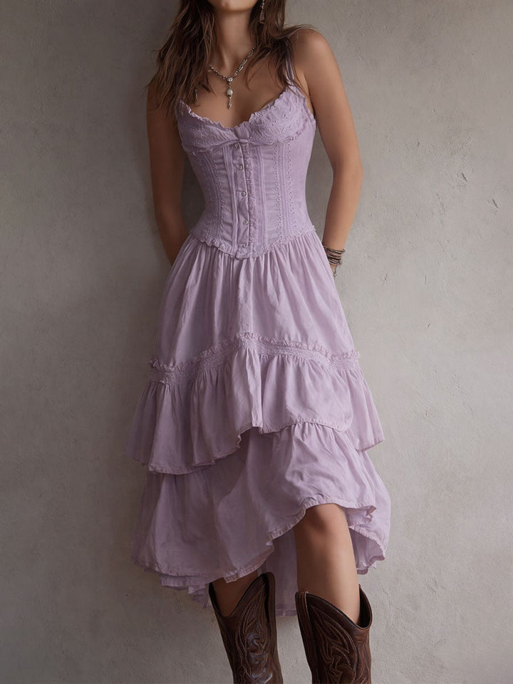 Abito Midi Tiered Boho Retro con Pizzo