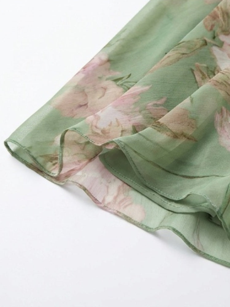 Abito Maxi Halter in Chiffon Verde a Fiori