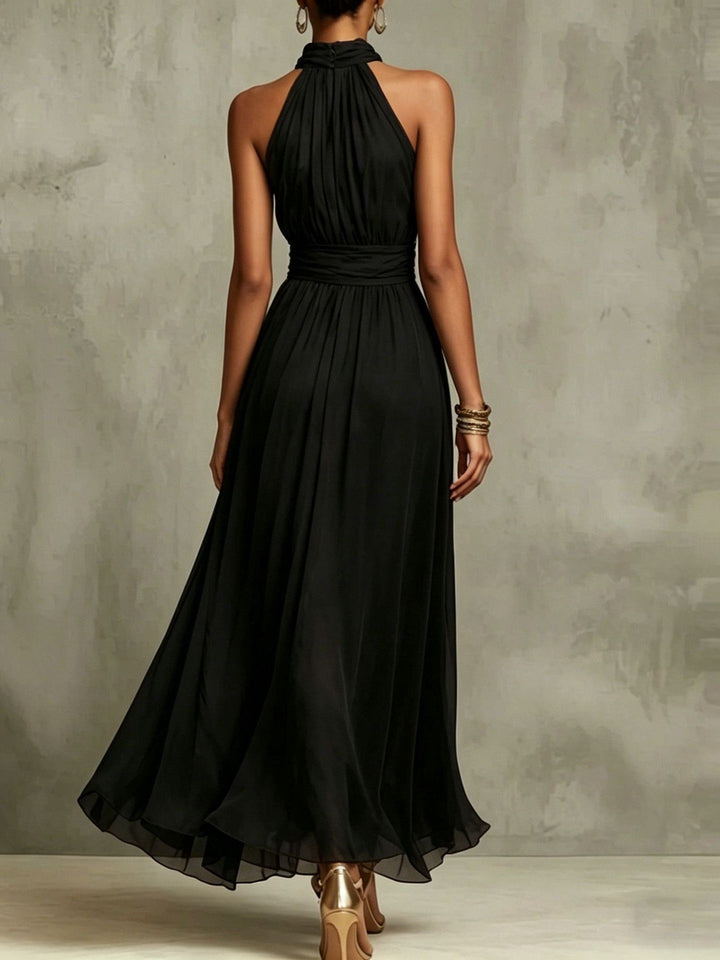 Abito Maxi Chiffon a Collo Halter di Colore Unito
