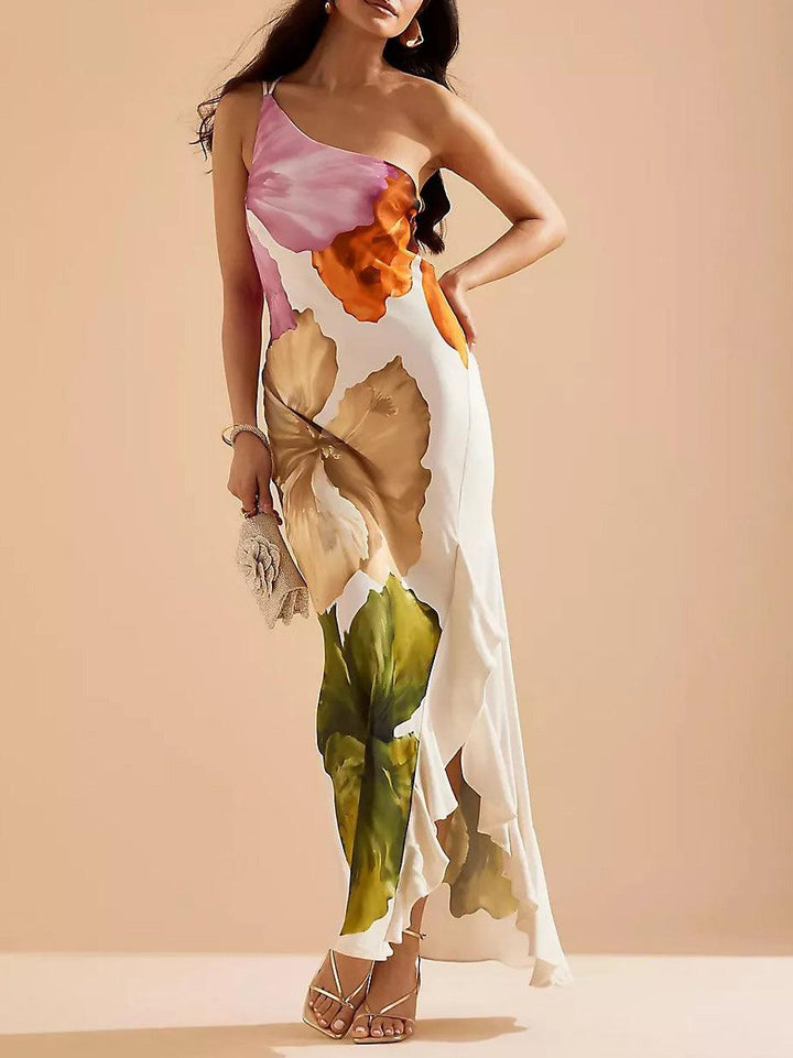 Abito Maxi Elegante con Stampa Floreale a Spalla Unica