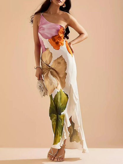 Elegante Maxi Dress con Stampa Floreale a Spalla Unica