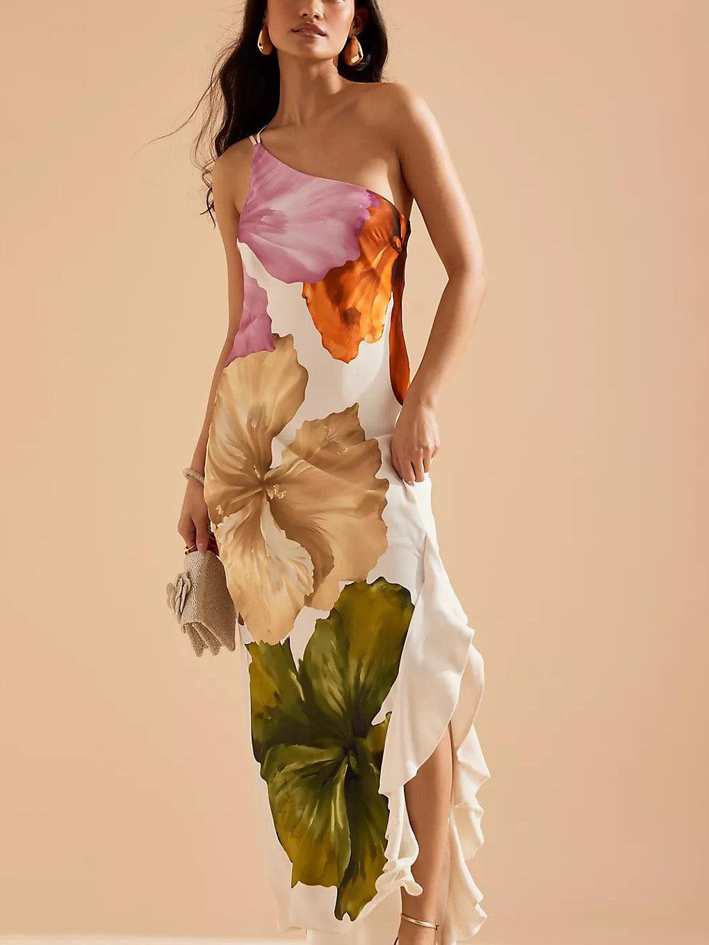 Abito Maxi Elegante con Stampa Floreale a Spalla Unica