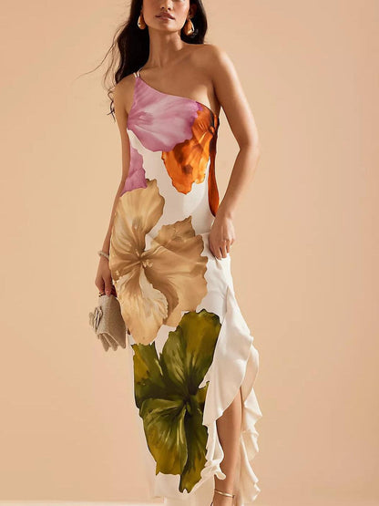Elegante Maxi Dress con Stampa Floreale a Spalla Unica