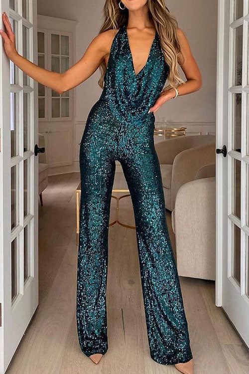 Jumpsuit da festa con paillettes a collo halter