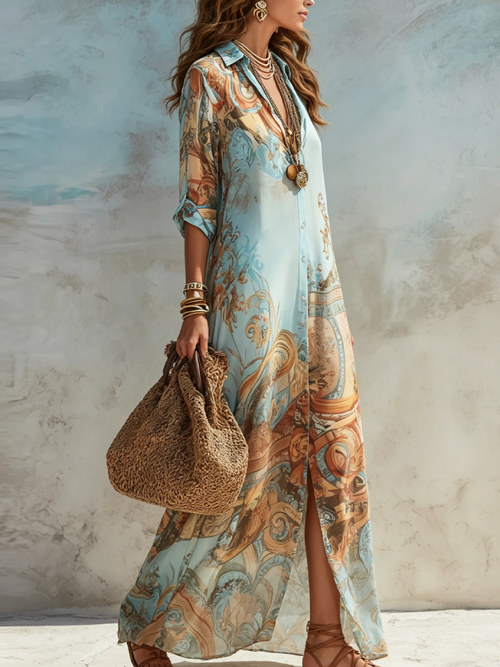 Abito Maxi in Chiffon Blu Stile Barocco