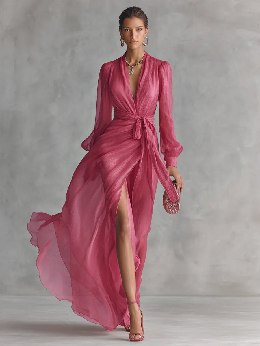Gloria Vestito Maxi in Chiffon con Scollatura a V