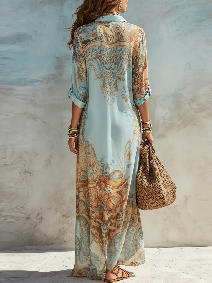 Abito Maxi in Chiffon Blu Stile Barocco