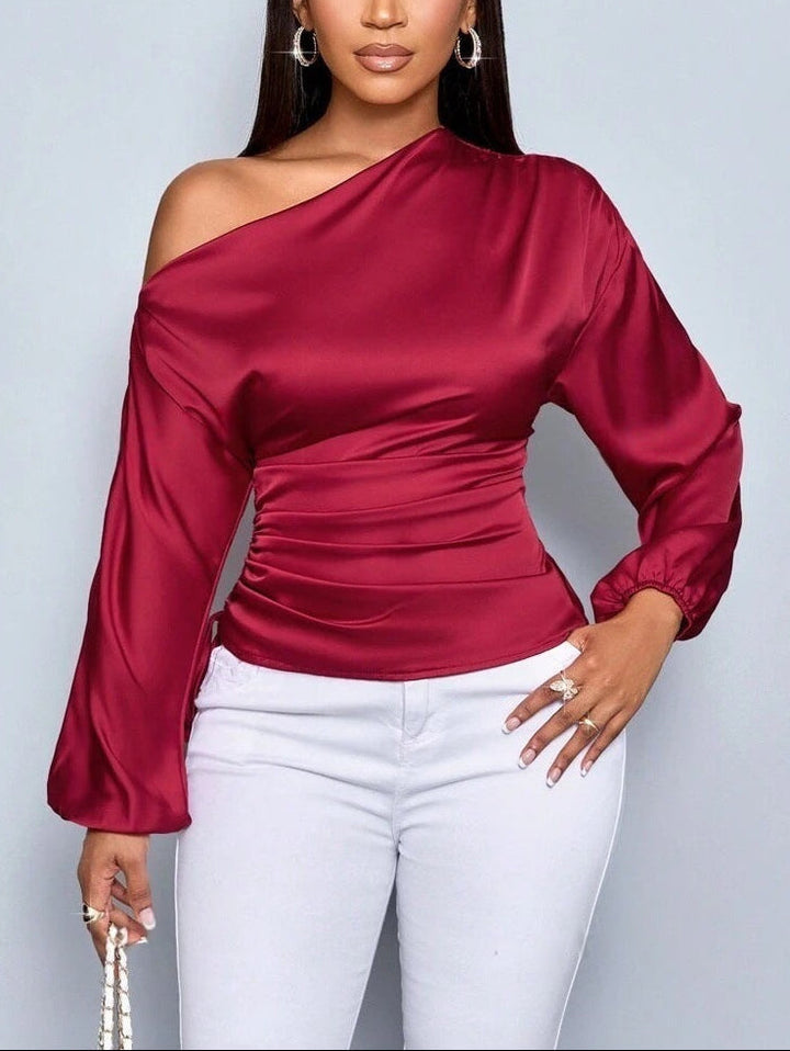Blusa in raso asimmetrica a maniche lunghe da donna con colletto inclinato