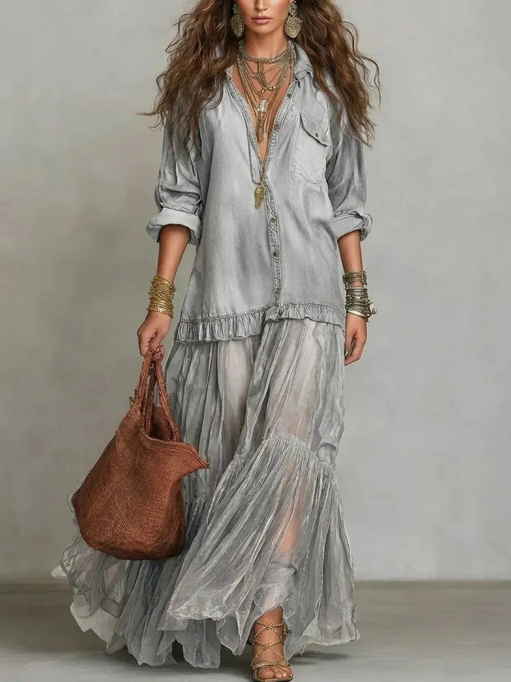 Abito Maxi in Denim Blu Finto con Collo Camicia e Tasche Trasparenti