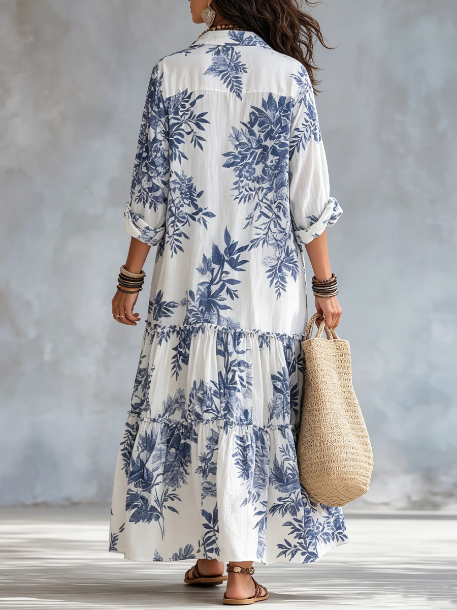 Abito Maxi Button-down Floreale Blu Bohemien