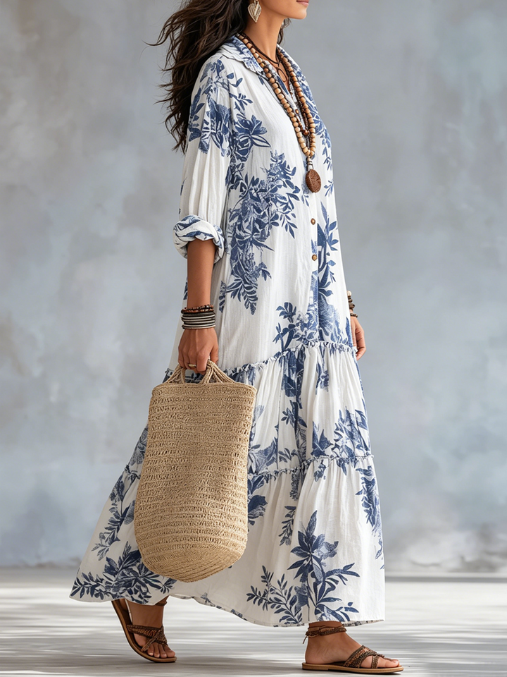Abito Maxi Button-down Floreale Blu Bohemien