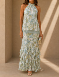 Elora Vestito Maxi Floreale con Collo Halter e Volant