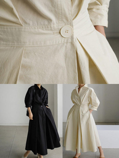 Abito Midi Solido con Colletto a Risvolto e Bottoni Elegante