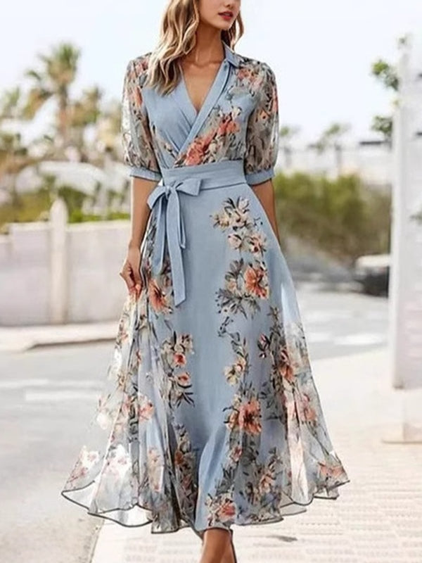 Abito midi a maniche corte con scollo a V e stampa floreale
