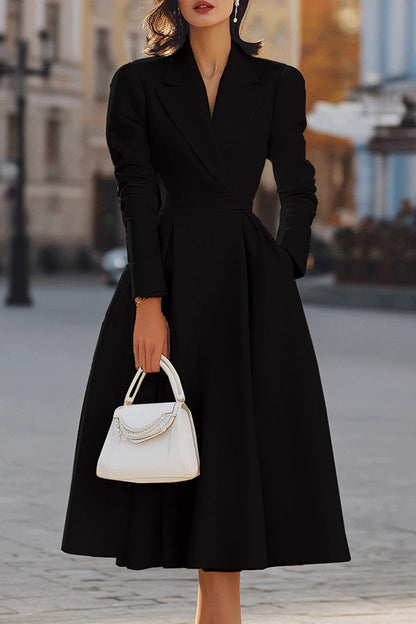 Abito midi aderente elegante con scollatura a V e maniche lunghe