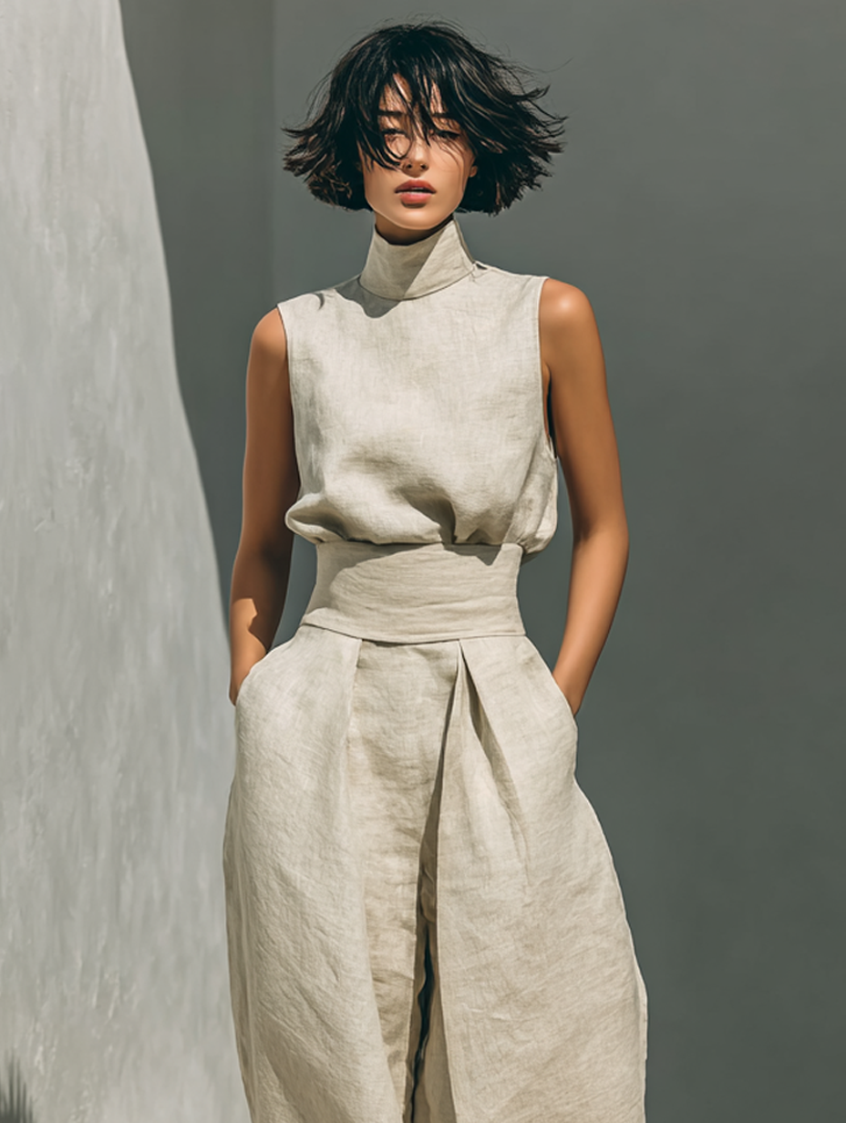 Set minimalista da donna con blusa senza maniche e pantaloni a gamba larga
