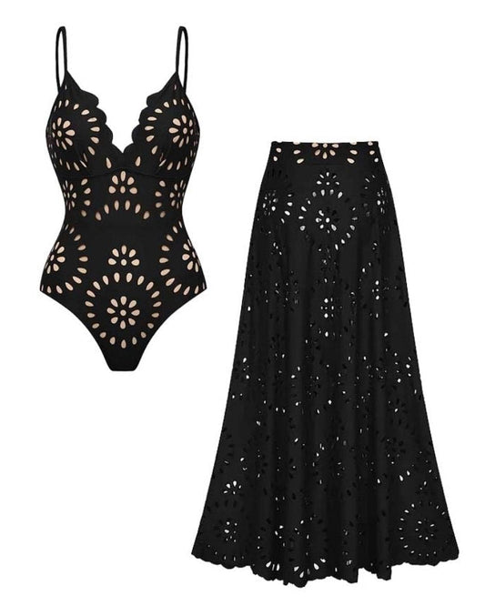 Costume da bagno intero e gonna a fiori tagliati al laser nera