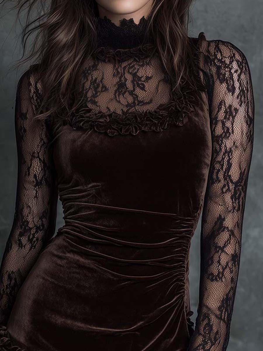 Abito mini in pizzo vellutato chocolate goth con pieghe