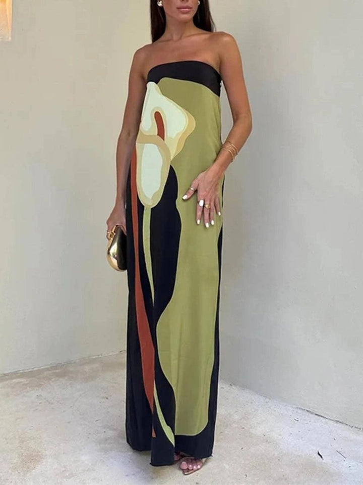 Abito Maxi da Festa Stampato a Colori Senza Spalline
