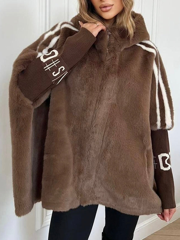 Cappotto Casual Stampato a Strisce Verticali con Cappuccio in Peluche