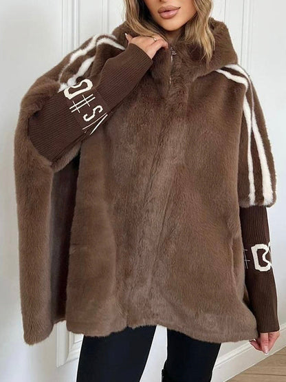 Cappotto Casual Stampato a Strisce Verticali con Cappuccio in Peluche