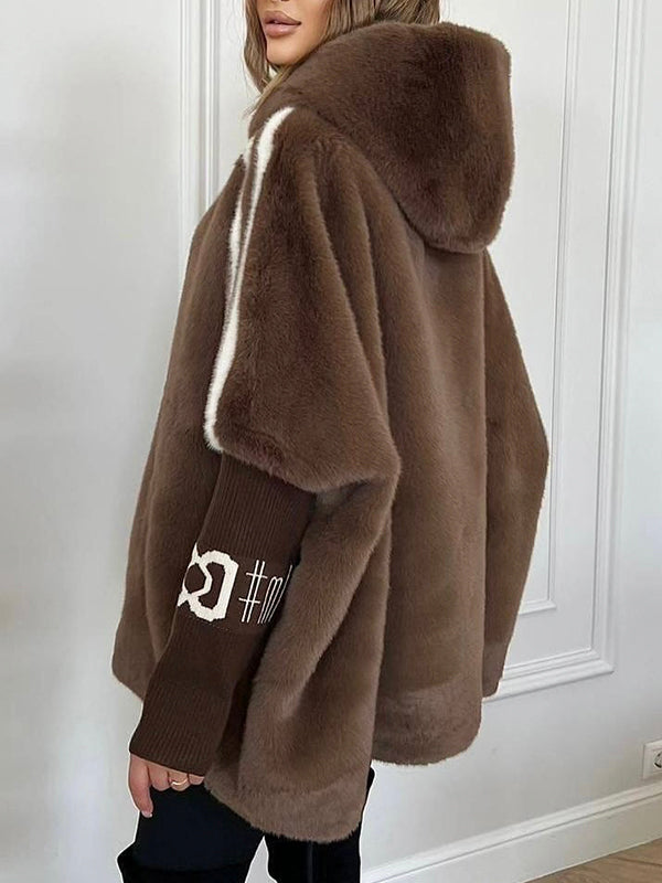 Cappotto Casual Stampato a Strisce Verticali con Cappuccio in Peluche