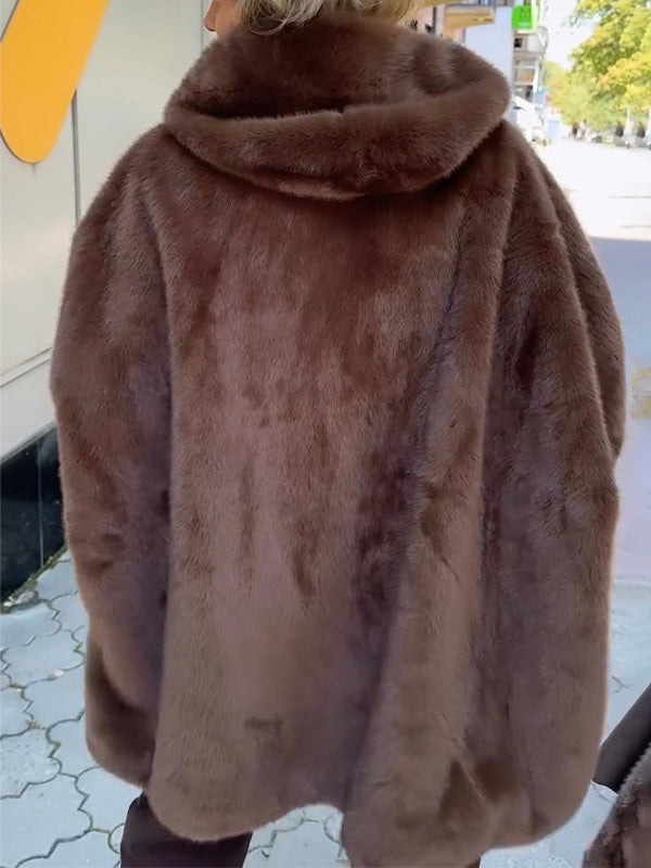 Cappotto Casual Stampato a Strisce Verticali con Cappuccio in Peluche