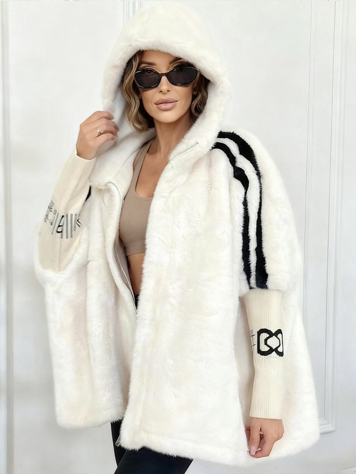 Cappotto Casual Stampato a Strisce Verticali con Cappuccio in Peluche