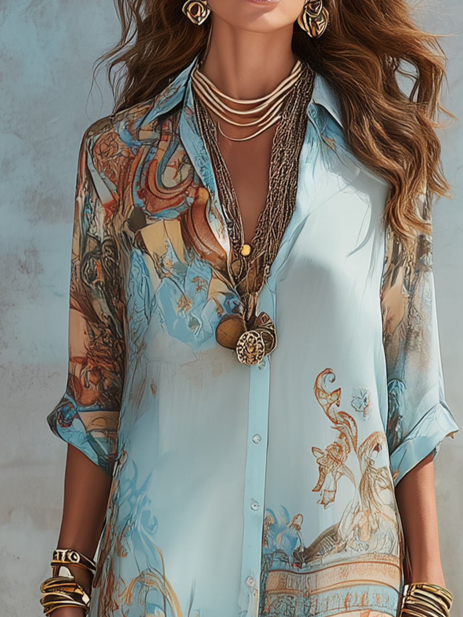 Abito Maxi in Chiffon Blu Stile Barocco
