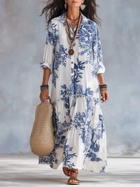 Abito Maxi Button-down Floreale Blu Bohemien