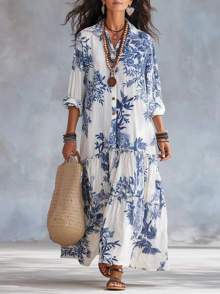 Abito Maxi Button-down Floreale Blu Bohemien