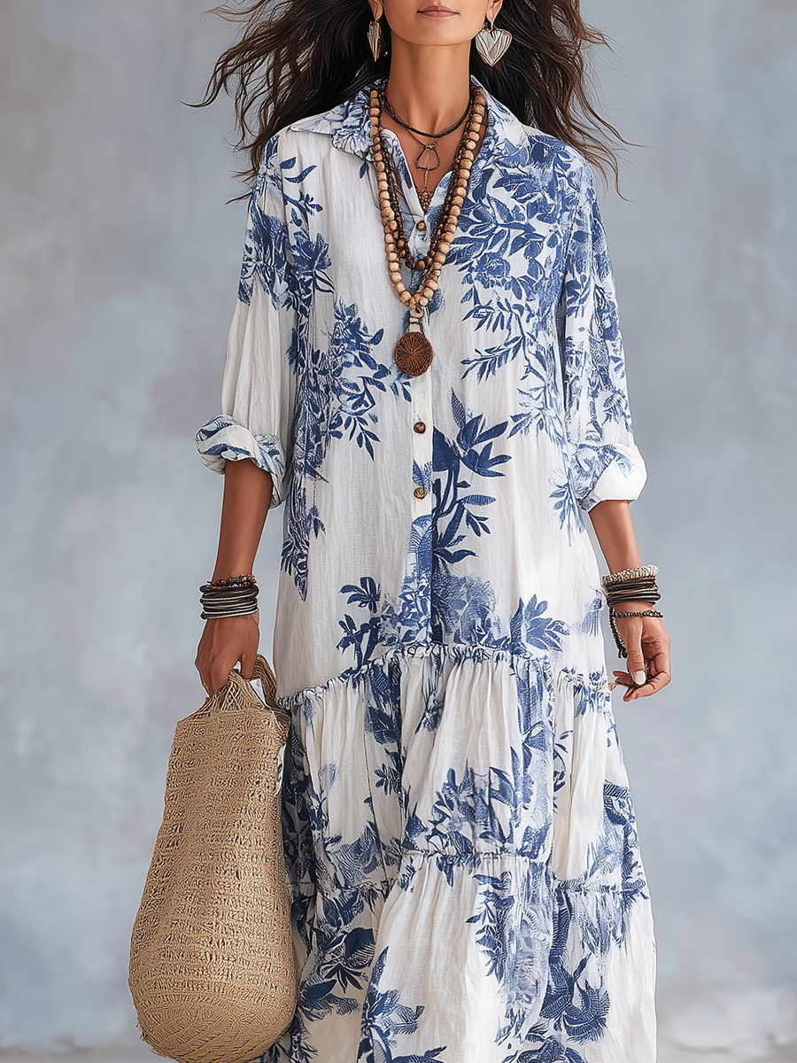 Abito Maxi Button-down Floreale Blu Bohemien