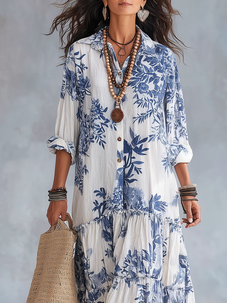Abito Maxi Button-down Floreale Blu Bohemien