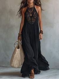 Abito Maxi Elegante Bohemien Senza Maniche con Drappeggio Morbido
