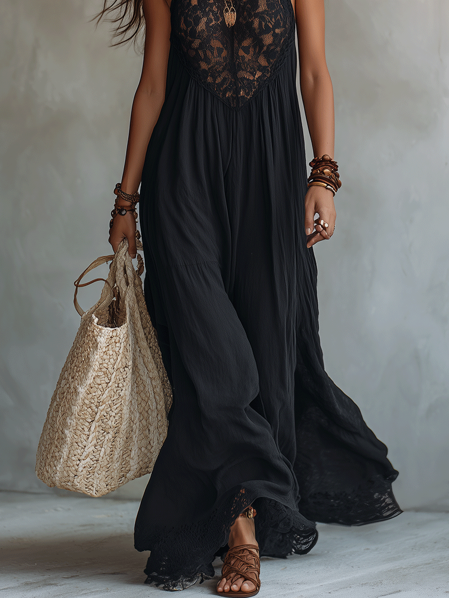 Abito Maxi Elegante Bohemien Senza Maniche con Drappeggio Morbido