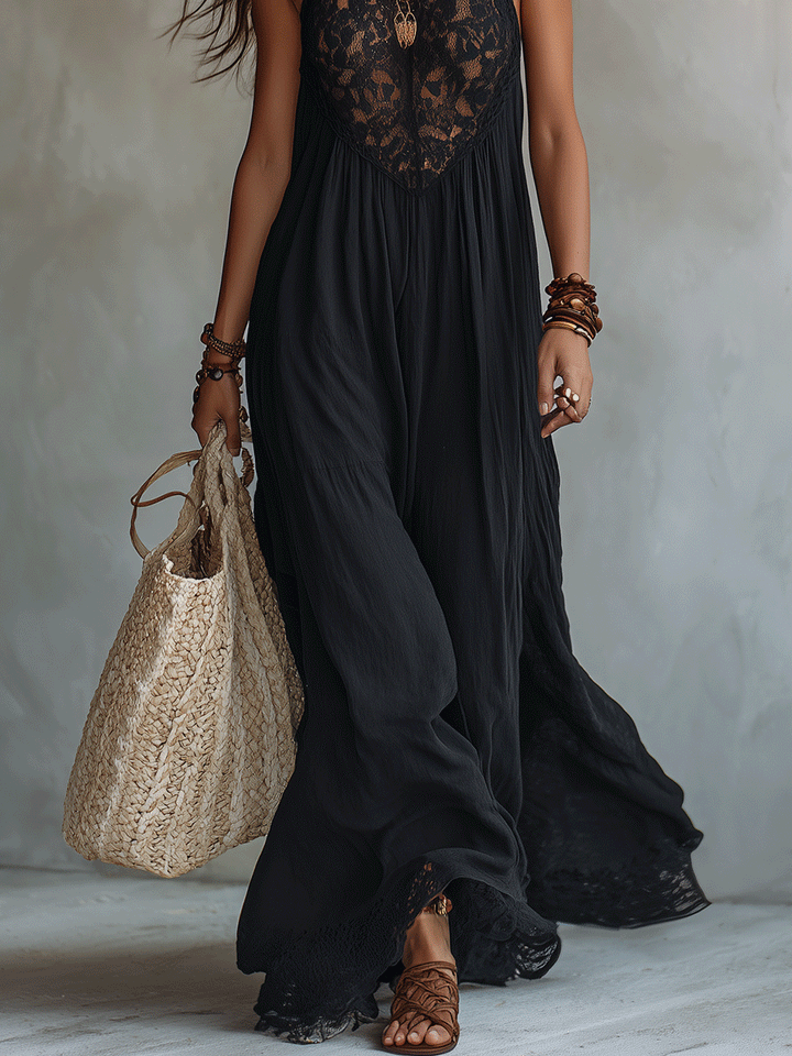 Abito Maxi Elegante Bohemien Senza Maniche con Drappeggio Morbido