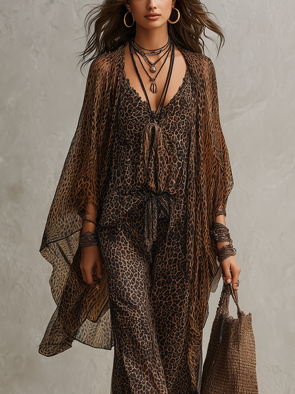 Set di tre pezzi in raso leopardato a gradienti bohemien