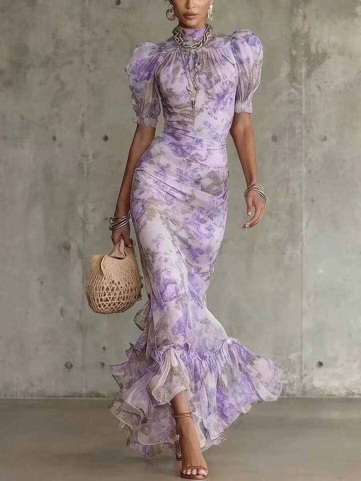 Eugenia Vestito Maxi con Stampa Floreale Vintage Rosa e Maniche A sbuffo (Accessori non inclusi)
