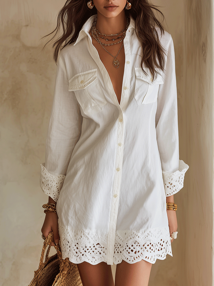 Abito Mini Camicia Bianco con Orlo a Occhiello Bohemien