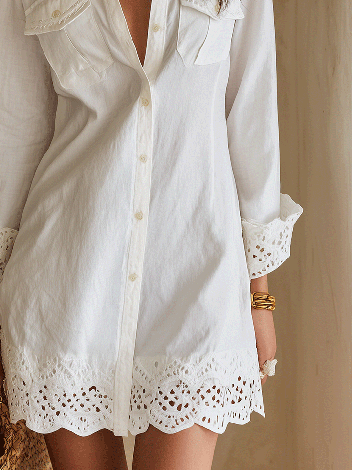Abito Mini Camicia Bianco con Orlo a Occhiello Bohemien