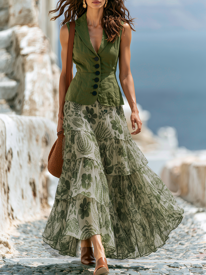 Gilet Senza Maniche Verde Oliva & Gonna Maxi A Balze Boho Verde Floreale Set Due Pezzi