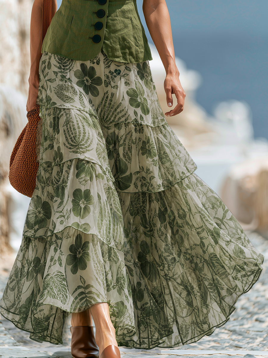 Gilet Senza Maniche Verde Oliva & Gonna Maxi A Balze Boho Verde Floreale Due Pezzi