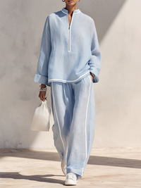 Set da Donna in Lino Blu Chiaro con Collo Alto e Mezza Zip, Top Oversize e Pantaloni a Gamba Larga